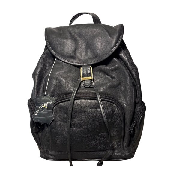 Via Firenze Black Leather Backpack Multiple Pockets Inside zipper 13.5 x 11 - Picture 1 of 12